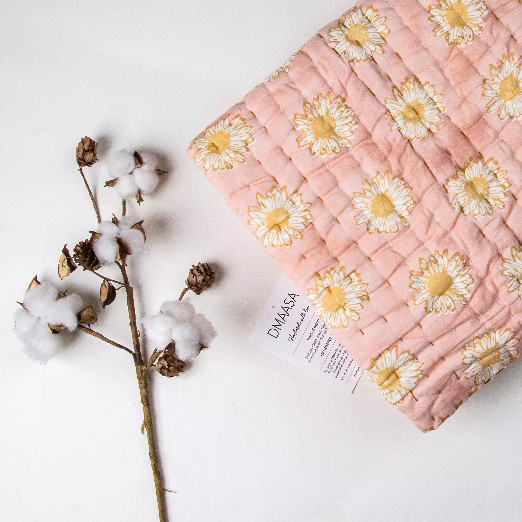 Softest Sun Flower Hand Block Printed Cotton Baby Quilt Blankets 090